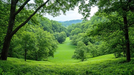 Lush green valley vista, summer foliage, scenic landscape, tranquil nature scene, ideal for travel brochures