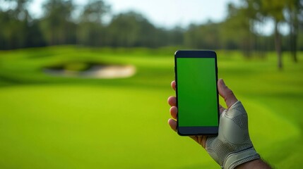 Hand Holding Smartphone With Green Screen on Golf Course Background