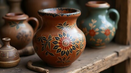 A vibrant display of traditional Romanian hand-painted ceramics, showcasing intricate floral designs and rich colors on plates, bowls, and pitchers