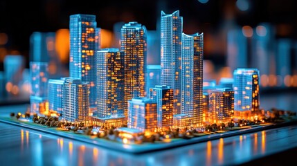 Illuminated city model at night.