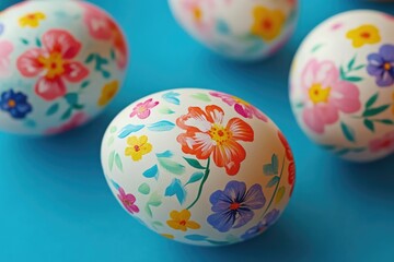 Fototapeta premium A group of painted eggs with flowers on them. The eggs are arranged in a row on a blue background