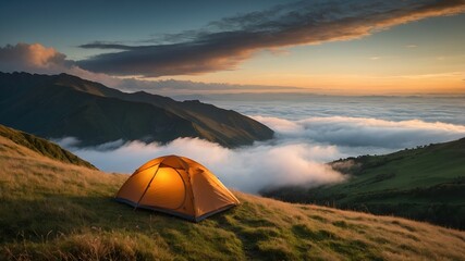 tent in the mountains at sunset