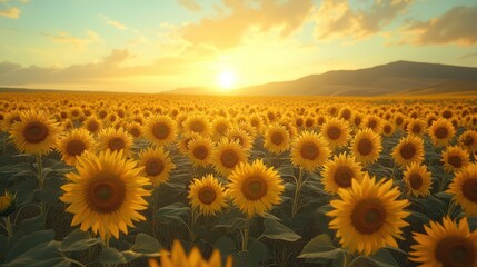 Fototapeta premium Golden Hour Sunflowers: A Serene Sunset Landscape