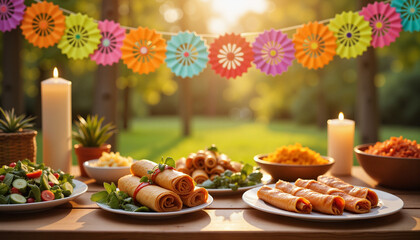 Naklejka premium Colorful papel picado garland above festive dishes on a wooden table, celebration