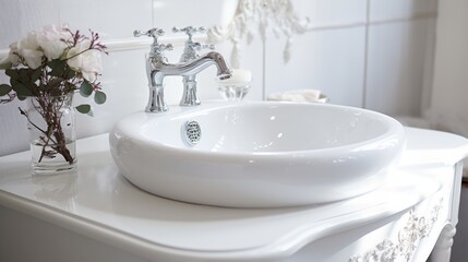 Fototapeta premium Elegant bathroom sink with floral arrangement and stylish faucet set in modern interior design