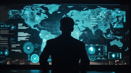 A man is looking at a computer screen with a map of the world on it