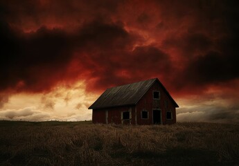 Fototapeta premium Abandoned Red Barn Against Dramatic Dark Clouds and Fiery Sunset in Rural Landscape
