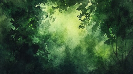 Obraz premium Tranquil Watercolor Forest Background with Lush Green Leaves and Soft Light