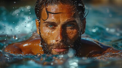 Handsome Bearded Man Relaxing in a Swimming Pool