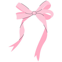 Girly pink bow with ribbon. Minimalist bowknot for decoration wedding, birthday, christmas cards and posters.