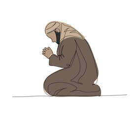 Muslim man sitting and praying one color line art. Continuous line drawing of online Muslims, Islam, traditions, clothing, folk, oriental.