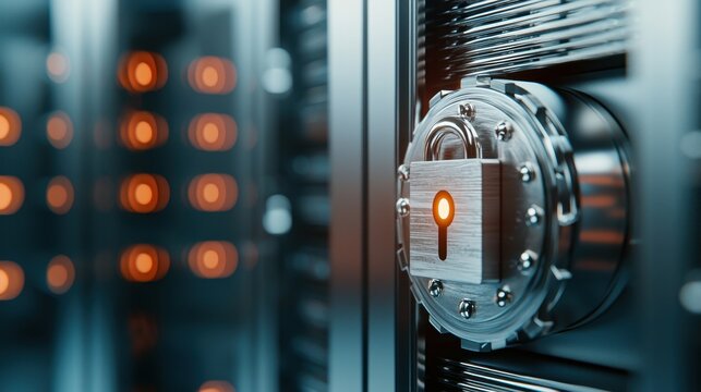 Closeup of a secure server rack with a padlock symbolizing data protection