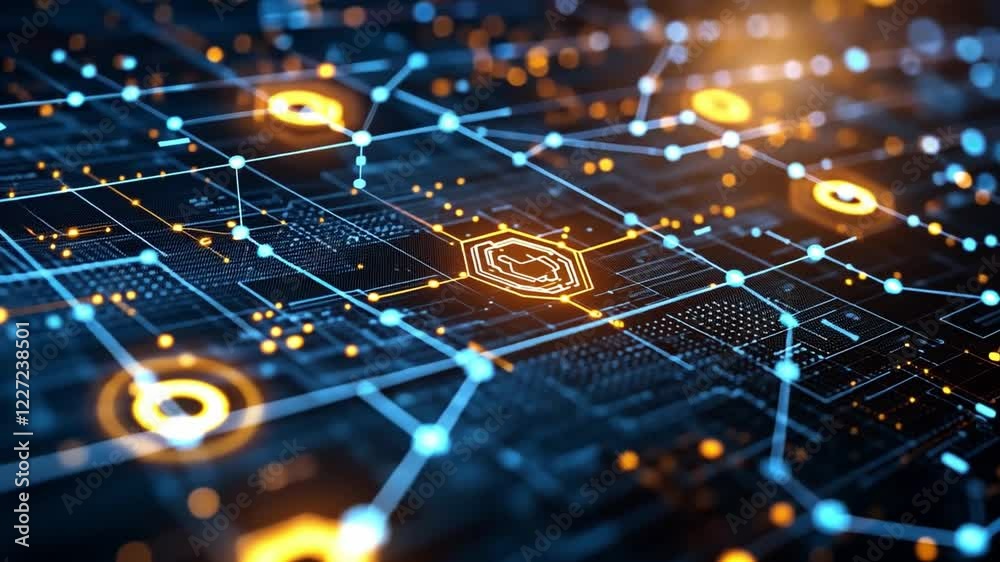 Poster vibrant digital network with glowing nodes and intricate patterns in a futuristic environment