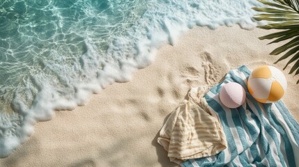 Obraz premium A beach scene with a yellow and white striped towel, a yellow