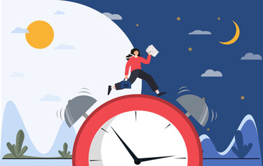 Business woman running late for work, stressed woman rushing to meeting, woman with briefcase running against the clock, time management concept, day and night concept, flat vector illustration