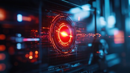 A computer monitor displays a red circle with a glowing center