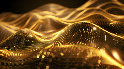 Abstract golden waves with shimmering lights and patterns.