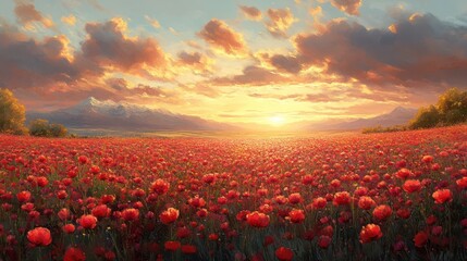 Sunset over Poppy Field and Majestic Mountains