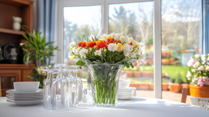 Fototapeta premium beautiful arrangement of colorful flowers in glass vase on table, surrounded by tableware and sunny garden view