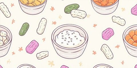 Cartoonish Probiotic Foods Pattern with Floral Motifs