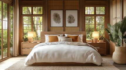 Tropical bedroom, calm morning, lush view, wooden decor, vacation home