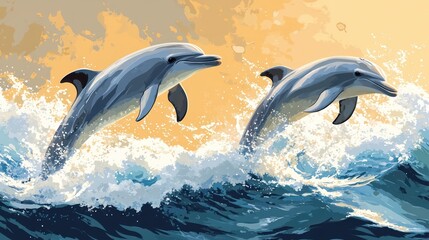 Obraz premium Dynamic Dolphins Leaping Ocean Waves Sunset