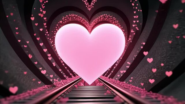 A vibrant pink heart surrounded by swirling hearts in dark tunnel