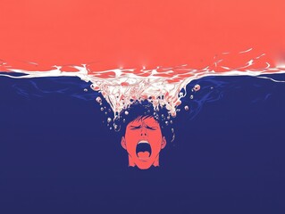A concept illustration about anger. Negative human emotions - Enraged face drowning in irritation