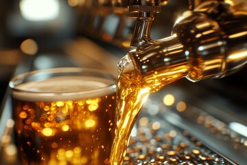 Beer pouring, bar, golden liquid, bokeh background, pub