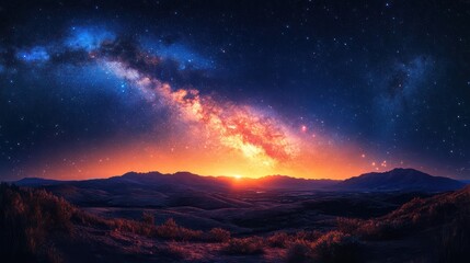 Majestic Milky Way Sunset over Serene Mountain Landscape