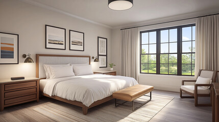 Fototapeta premium A hotel room features a well-made bed with crisp linens and soft lighting, evoking feelings of comfort, cleanliness, and welcoming hospitality in a serene setting.