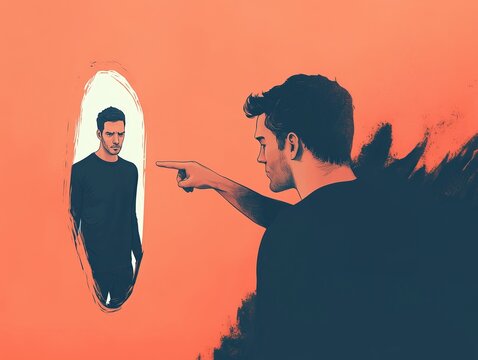 A man condemningly pointing at his reflection in a mirror. Minimalist self-hate and judgement concept