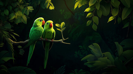 Two parrots sitting very closely in a dark background location.