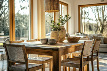 Rustic dining room with natural light and wooden furniture in a modern home