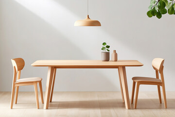 Minimalist dining area with natural wood furniture and modern decor in bright interior space