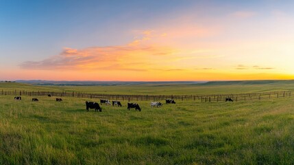 Obraz premium A serene landscape at sunset featuring cows grazing in a lush green field under a colorful sky.