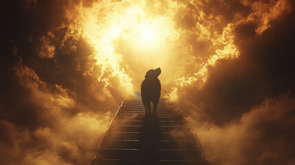 Obraz premium Dog Ascends Heaven Staircase. Afterlife, Loss of Pet Concept