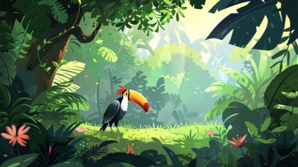 Obraz premium A colorful toucan with a large yellow beak is perched on a branch amidst lush green foliage in a vibrant jungle setting. The detailed illustration highlights the bird's striking features and the dense