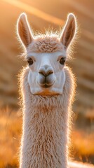 Obraz premium HD Phone Wallpaper Majestic Alpaca Portrait in Golden Sunset Light Fluffy Soft Fur Andean Animal