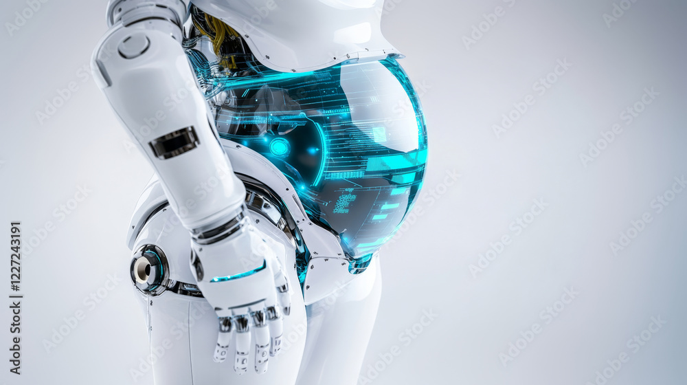 Poster A futuristic robot showcases a transparent abdomen, revealing a developing embryo inside. The design blends technology with concepts of life, highlighting advancements in robotics and reproduction.
