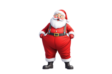 Santa Claus holding oversized red pants, smiling and cheerful, isolated on white background. Concept of weight loss or humorous Christmas themes. Ai generative