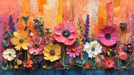 Vibrant floral artwork with textured brush strokes and bold colors, featuring a mix of paper and 3D flowers against an abstract background