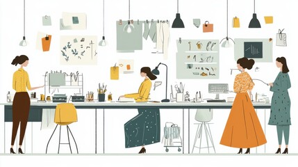 Creative workspace with designers collaborating on fashion projects amidst vibrant decor