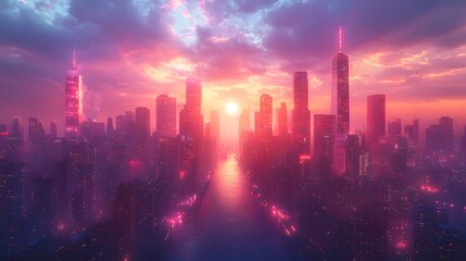 Fototapeta premium Immersive 3D cityscape with tall skyscrapers and neon lights in a virtual environment with copy space