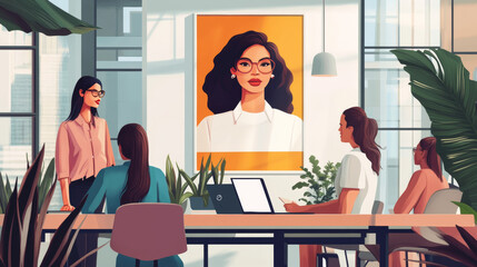 A group of women working together in an office, collaborating with energy and determination, as a large poster of International Women's Day hangs on the wall 