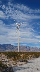 Tall windmills stand proudly in a vast desert, capturing clean energy from the gentle breeze