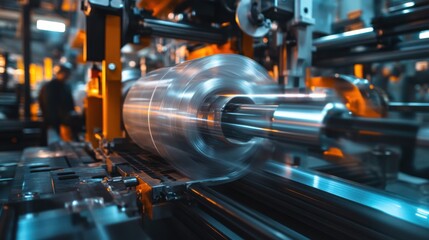 Naklejka premium A close-up view of a rotating metal part in a factory, showcasing advanced machinery and industrial processes in action.
