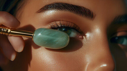 of a professional esthetician using a jade roller on a client’s face, enhancing skin circulation and promoting a youthful complexion in a luxurious beauty clinic 
