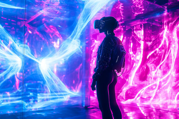 Obraz premium Immersive virtual reality experience showcasing vibrant light patterns in a modern environment
