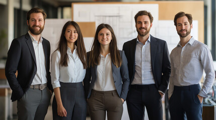 Obraz premium A team of five architects, three men and two women, wearing business-casual attire and standing in front of a blurred design board with architectural blueprints.